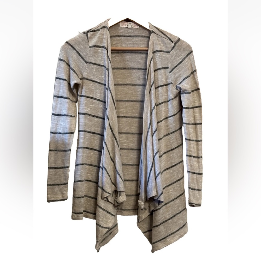 Pink Republic Open Front Wrap Kimono Cardigan Oatmeal W Gray Stripes Size Small